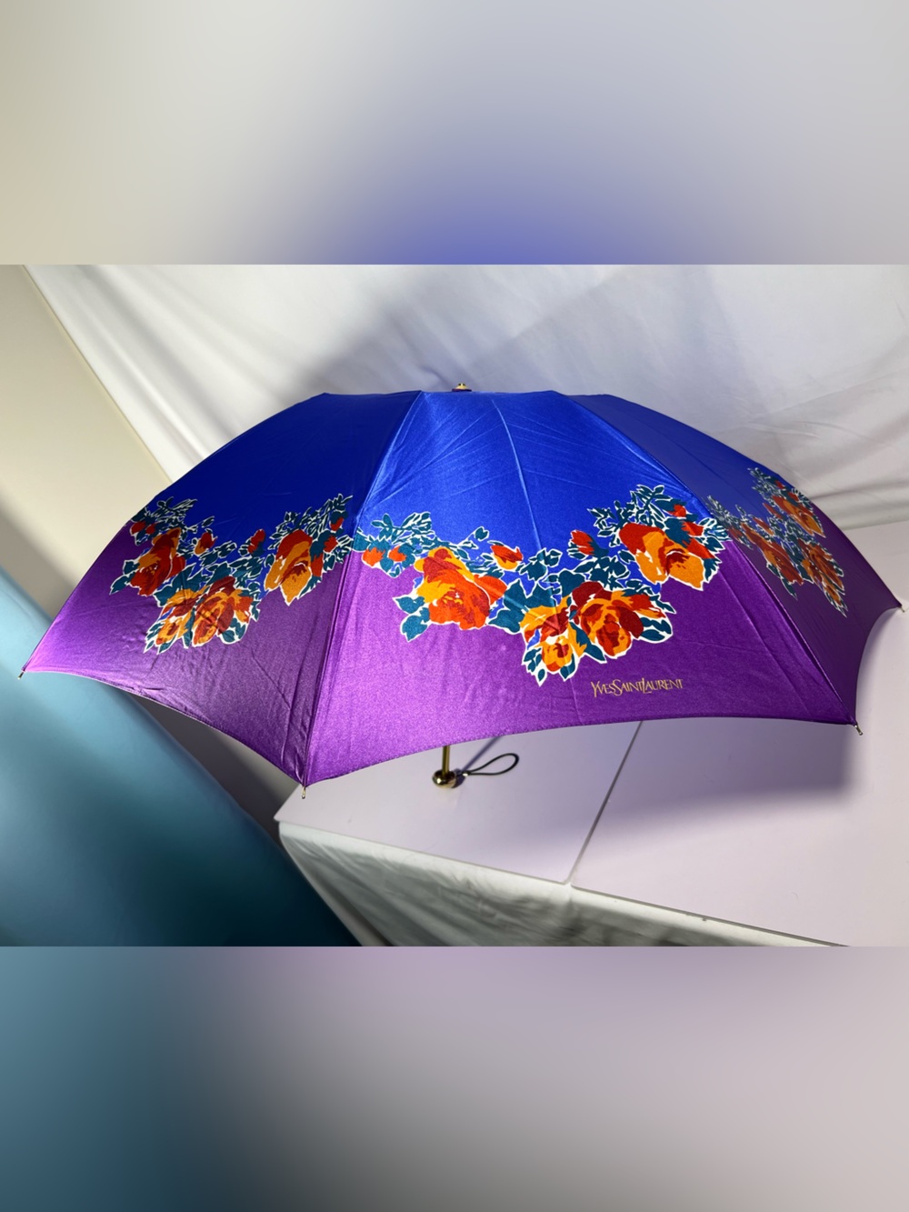 Yves Saint Laurent Floral Compact Umbrella Purple Blue Vintage YSL